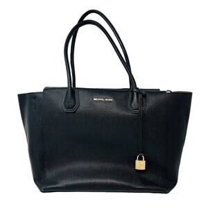 Michael Kors Mercer Tote Hard Leather Bag Shoulder Handbag Black Gold